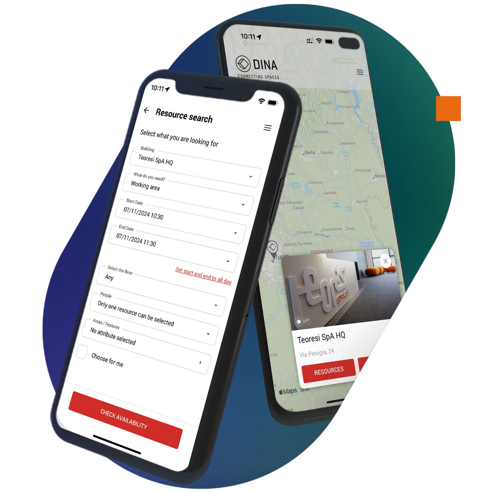 DINA mobile app for managing and booking Teoresi workspaces
